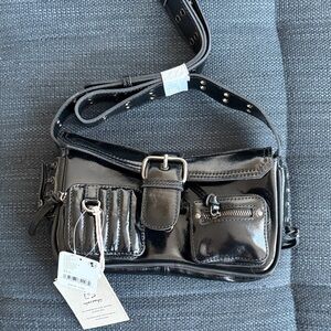 Black Faux Leather Crossbody Bag with Front Pockets NWT